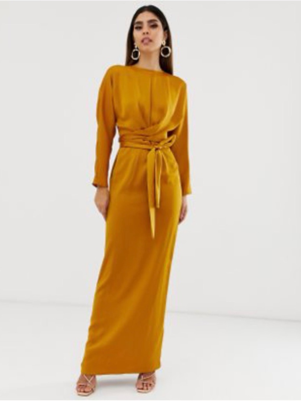 ASOS Mustard Long-Sleeve Tie-Waist Maxi Dress